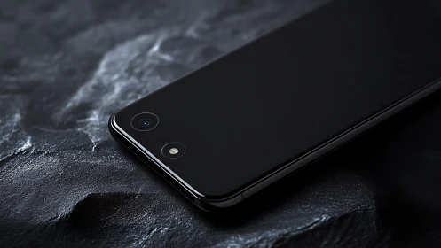 Sleek black smartphone resting on textured stone surface.