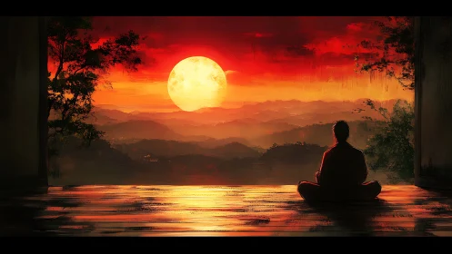 Solitary meditator observing oversized sun above misty ranges