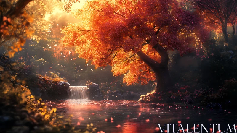 Autumn blaze tree crowns a glowing fairy-tale waterfall pool.