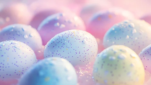 Soft pastel eggs sparkle gently in dreamy spring light