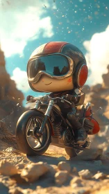 Cute cartoon biker kid riding motorcycle on rocky trail.