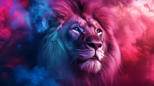 Bicolor nebular lion portrait in high-saturation digital chroma.