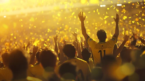 Crowd in yellow jerseys celebrates under dense golden confetti