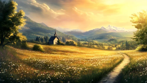 Small rural church in sunlit valley with distant mountains.