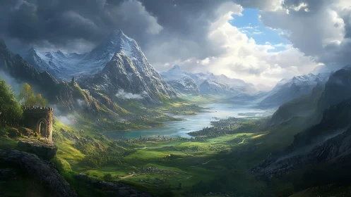 Epic alpine valley with snow peaks and fortress watchtower