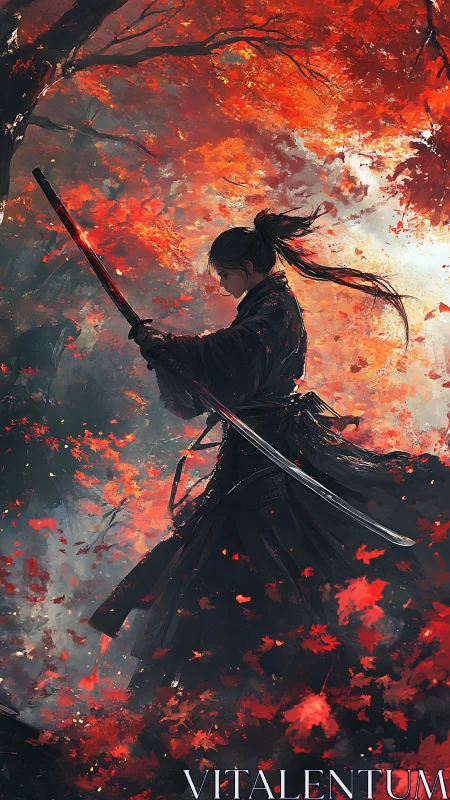 Samurai silhouette cuts through crimson autumn storm.