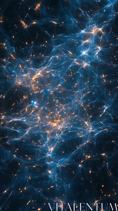 Network-like blue filaments with orange light nodes extend uniformly