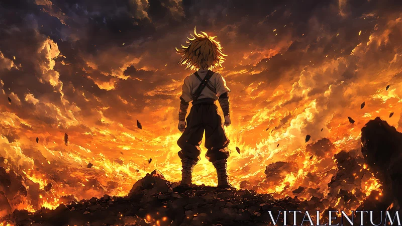 Lone anime hero confronts raging inferno under stormy sky.