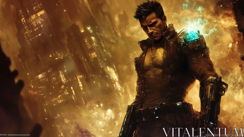 Armored figure in illuminated dystopian urban inferno scene.