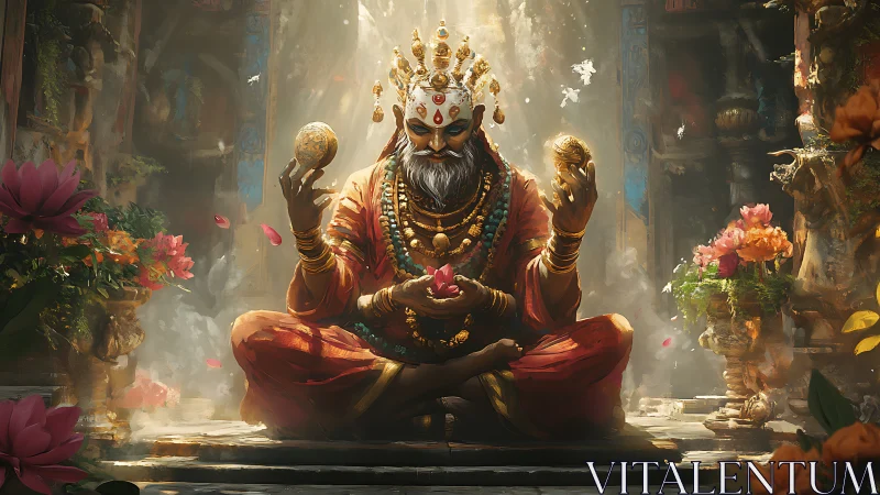 Mythic sage meditating with luminous orbs in ornate temple