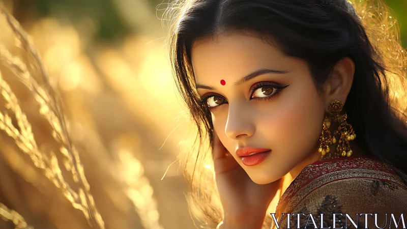 Sunlit portrait of a woman in traditional jewelry glows warmly