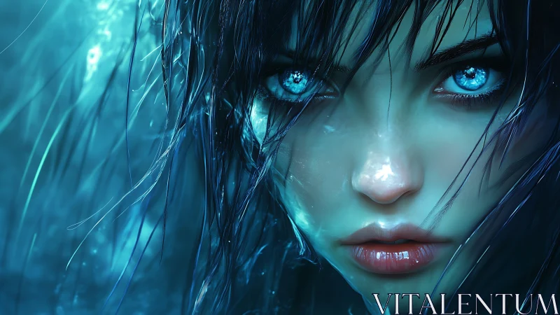Cyan-lit female portrait renders hyperreal wet-skin textures