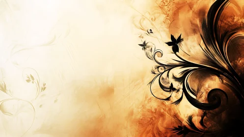 Baroque floral flourishes emerge from warm sepia gradient