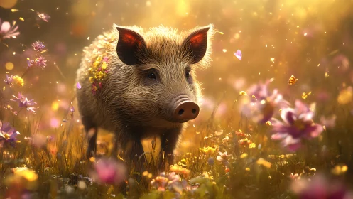 Gentle woodland boar wandering through golden wildflowers.
