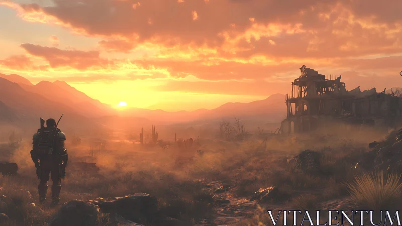 Lone wanderer crosses a ruined wasteland at burning sunset