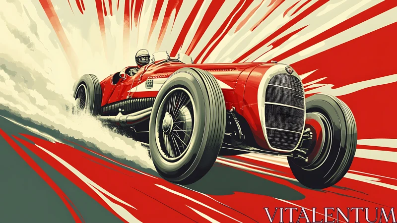 Vintage race car rockets forward in bold graphic motion.