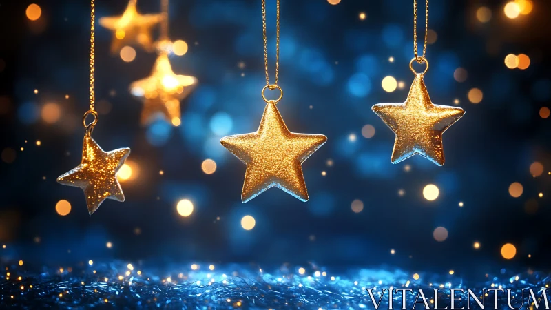 Golden star ornaments hang against soft blue bokeh lights