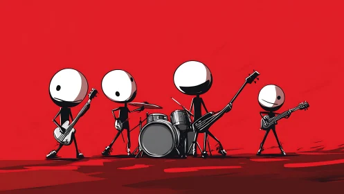Stick-figure rock band stands with instruments on red stage