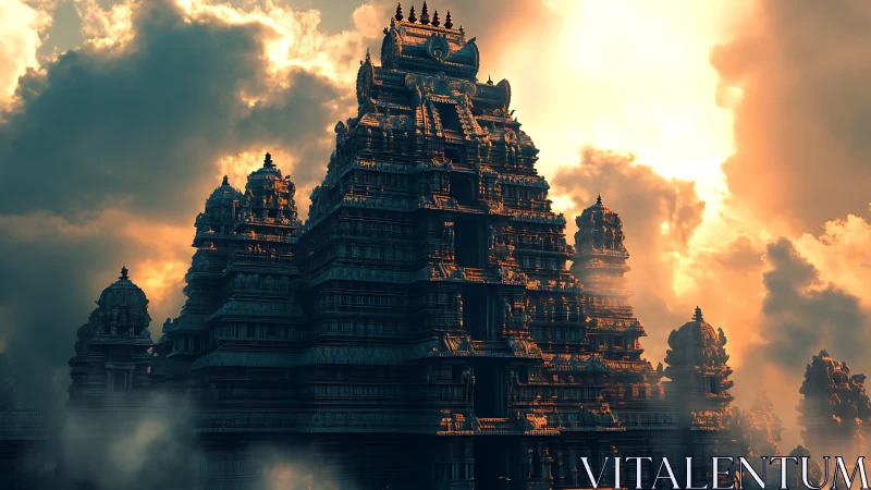 Ancient stone temple rises through stormlit golden clouds