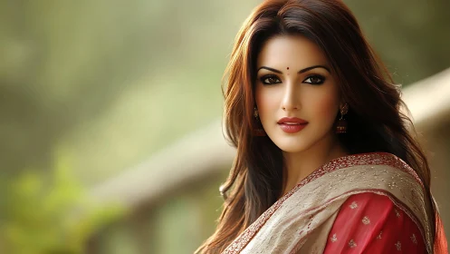 Woman in traditional sari poses outdoors in soft daylight
