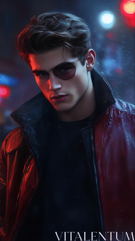 Neon-lit rebel in crimson leather stalks the midnight streets.