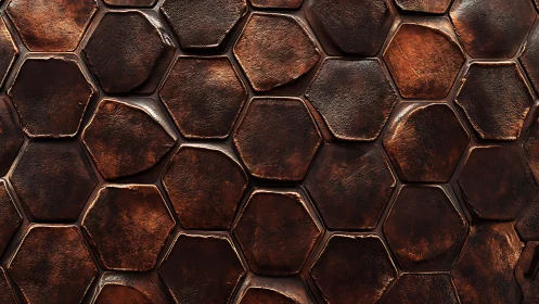 Rusty hexagonal metal tiles forming rugged surface texture.