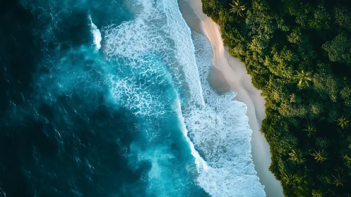Turquoise surf kissing quiet tropical shoreline from above.