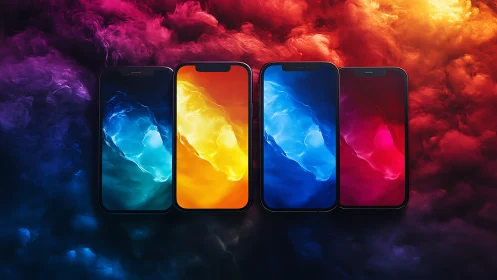 Gradient-lit smartphones align within neon cloud backdrop.