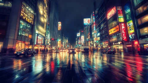 Neon city street glows warmly on a rainy, reflective night