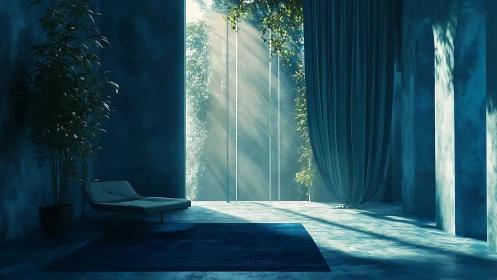 Soft morning light pours into a tranquil blue lounge retreat