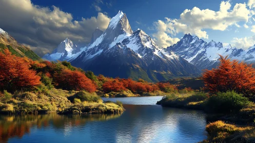 Snow peaks rise above river and autumn forest under clouds