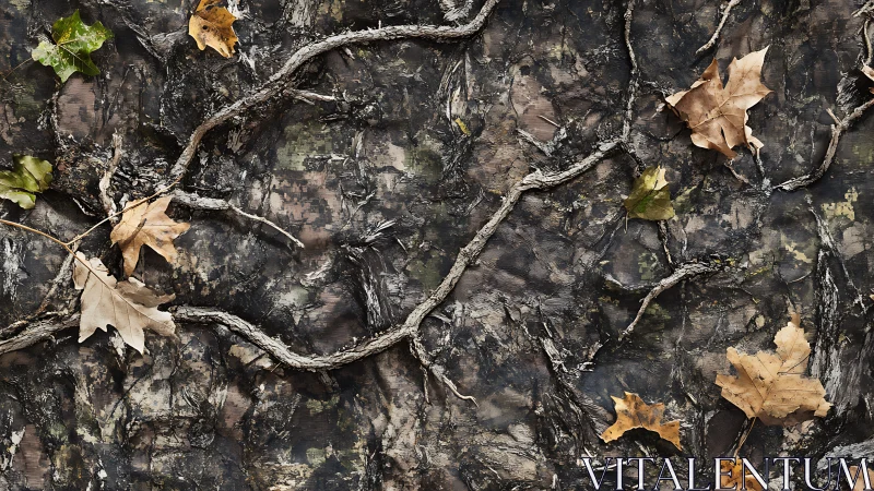 Textured forest floor camouflage with branches and leaves.