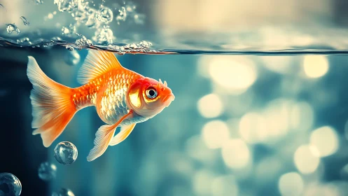 Glowing goldfish glides through shimmering water surface.