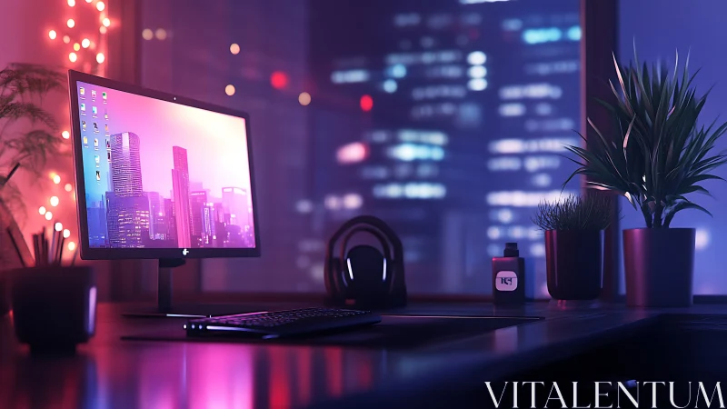 Neon-lit workstation with cityscape monitor and bokeh skyline.