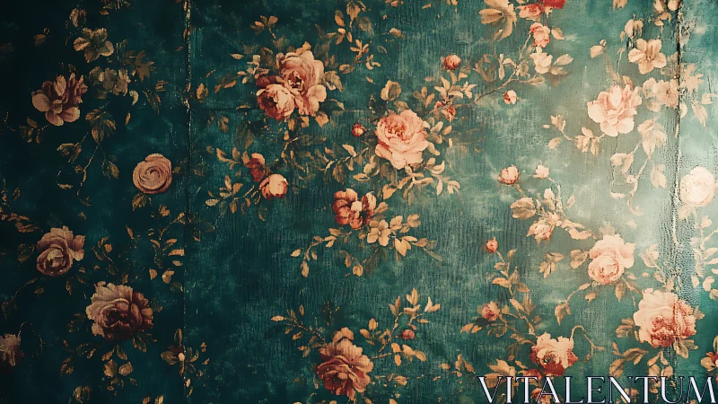 Vintage teal floral wallpaper with aged rose bouquet pattern