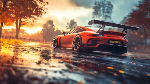 Orange track car on wet autumn road under rainfall conditions.