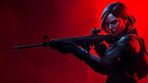 Stealth sniper aims rifle under intense red lighting.