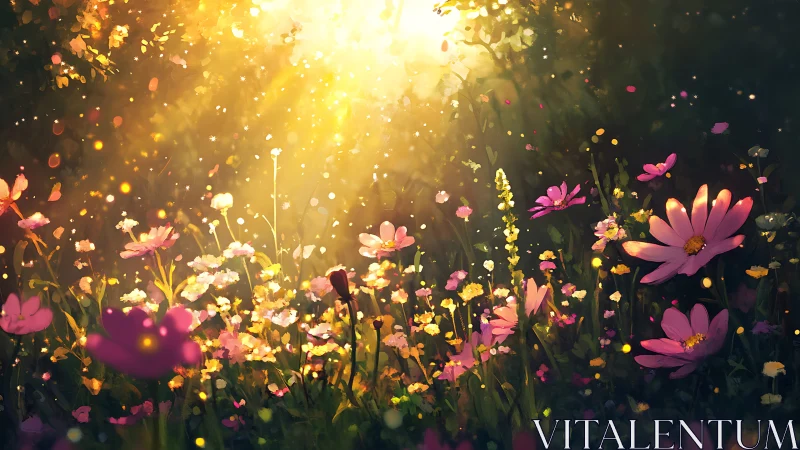 Sunlit wildflower clearing with dense pink and yellow blooms.