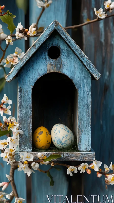 Weathered blue birdhouse cradling speckled spring eggs.