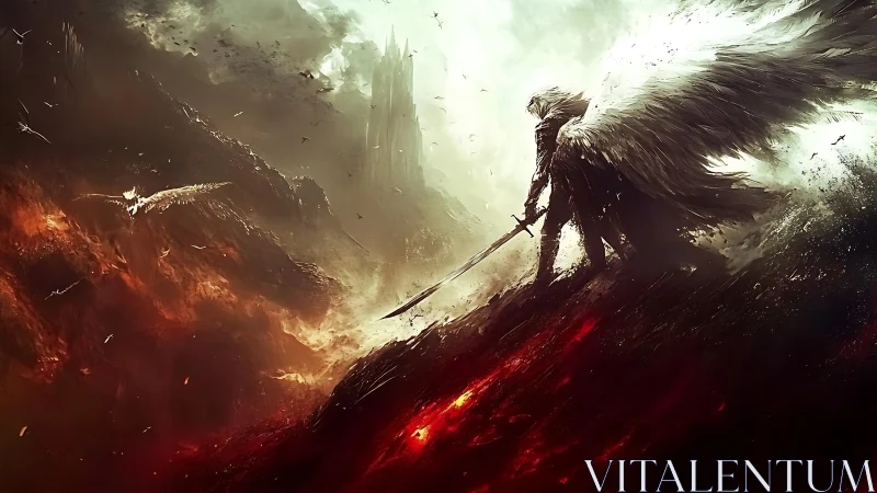 Digital painting of angelic warrior on volcanic ridge.