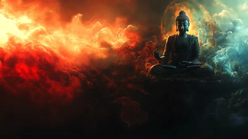 Peaceful Buddha resting amid swirling cosmic fire and light.