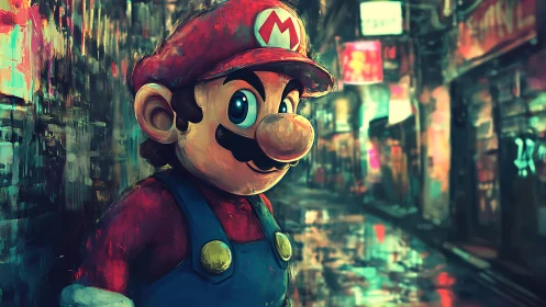 Plumber hero portrait glows in neon-soaked rainy alleyway.