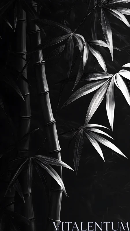 Monochrome bamboo stalks with rim-lit leaves in deep shadow.