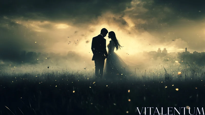 Couple embraced in glowing field at twilight.