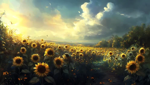 Backlit sunflower field rendered with atmospheric perspective and depth
