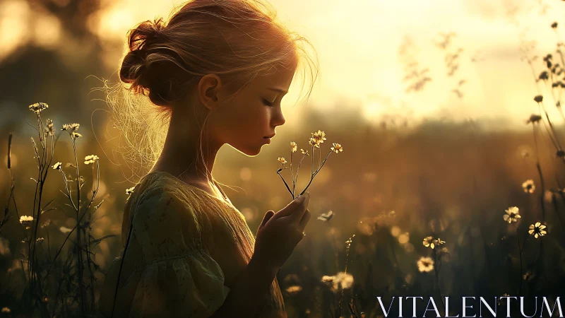 Backlit child profile examining wildflowers at golden hour.