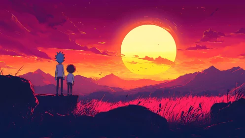 Cel-shaded duo observe hyper-saturated sunset over stylized peaks