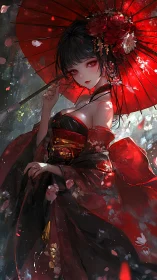 Crimson parasol muse in moonlit petals and shadowed silk.