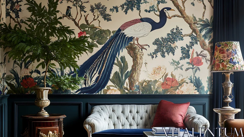 Elegant living room wall showcases grand peacock mural art