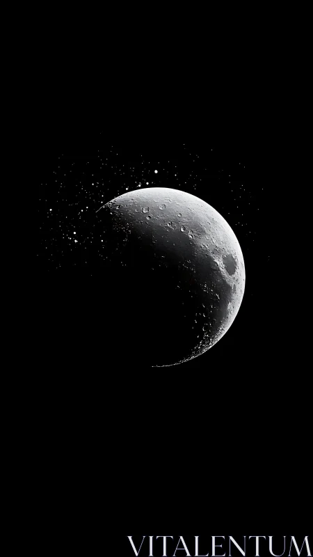 Crescent moon glows in deep space with drifting stardust.